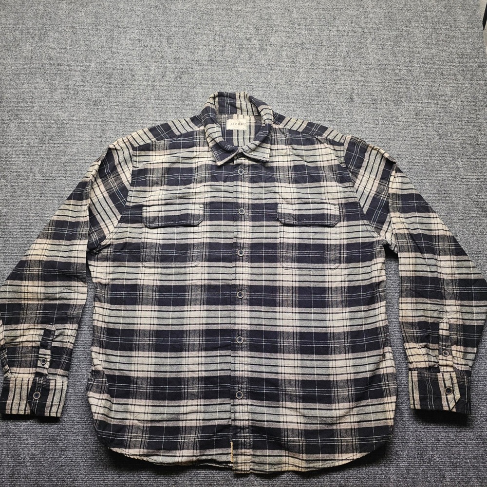 Jachs NY Mens Flannel Shirt Navy Blue Cream Plaid Long Sleeve Cotton XL
